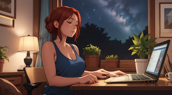 "A cozy indoor evening scene featuring A woman short auburn hair with big breasts with short, wavy auburn hair tied in a loose bun, sitting at a wooden desk, wearing a pink tank top, and is typing on a sleek laptop with a glowing logo. The scene is softly ...