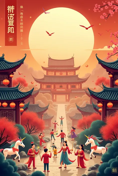  CHINESE RELATED NEW YEAR CARD DESIGN 
Horizontal or vertical format
There must be a Happy New Year ， as you wish on the poster 
solemn and nostalgic landscapes or shrines are famous in China and people are celebrating their age, fun drum unicorns 