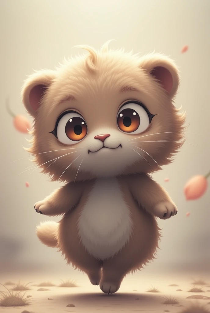 A round furry animal with a blank expression, big eyes, tilting its head, looking at you, so cute, running around energetically, pastel colored fluffy background, ultra detailed, absolutely resolution, masterpiece