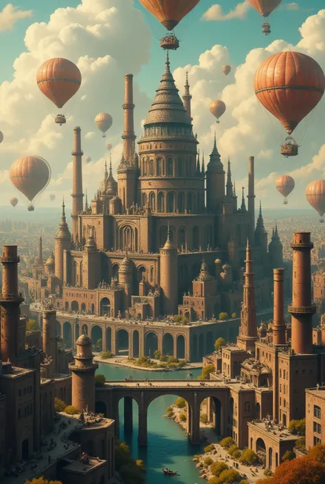 An aerial city connected by countless hot air balloons and airships, with massive steel structures and intricate pipelines running through it. The art style is retro and full of imagination, with copper and dark brown as the main colors, showcasing a futur...