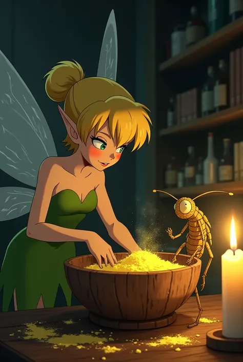 Tinkerbell mixes the contents of a wooden bowl, while a cricket infected with the highly advanced Cordyceps fungus stands next to the wooden bowl filled with yellow powder., Anime Seinen in a dark laboratory illuminated by candles    