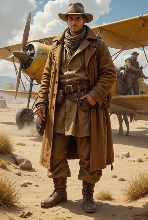 An explorer wearing a leather coat and a flying hat stands next to his steam powered aircraft, with an unknown desert and ancient ruins in the background. The painting style is rough, with brown and gold as the main colors, showcasing the courage of explor...