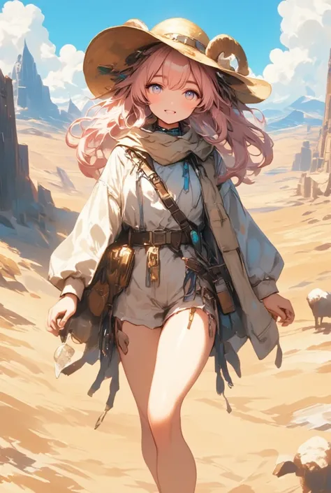 Picture a vast desert landscape where an ultra-cute sheep girl with her fluffy, pink hair softly ripples in the gentle desert breeze. She strides confidently on this sun-baked terrain, dressed as a fearless explorer prepared for the harsh elements. A sunha...