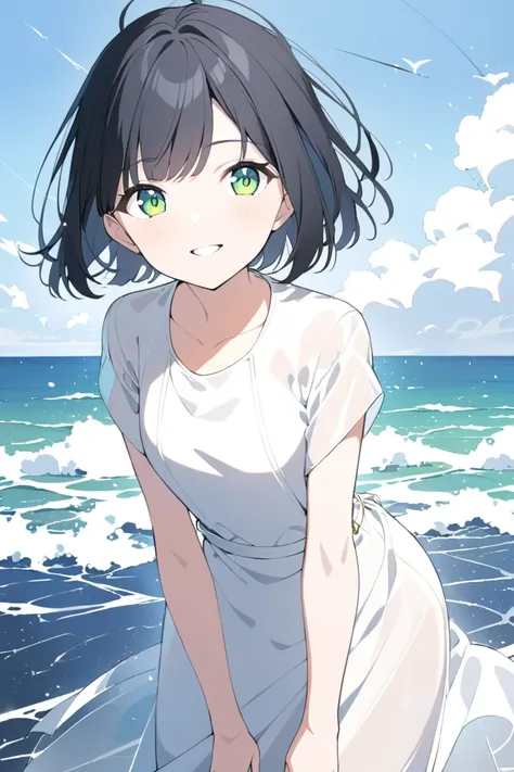  1 girl, chest,  smiles,  black hair,  hair fluttering in the wind, coastal,Clasp your hands behind your back, lean forward , white dress,Thin fabric clothing, green eyes,Short hairstyle