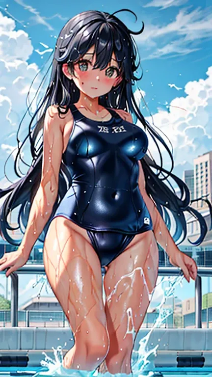  top quality、 high definition 、Detailed description of swimsuit、masterpiece、 cute teen girls、Lots of middle school girls、Shiny dark blue school swimsuit、length_hair, black_hair,  , brown_eye、(e breasts:1.2)、 realistic image 、  create the perfect body line、...