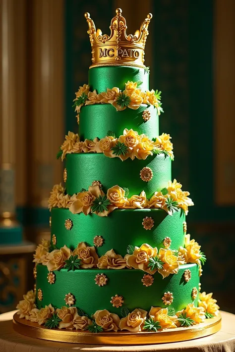 A majestic green and golden color cake with a crown written MC PATO