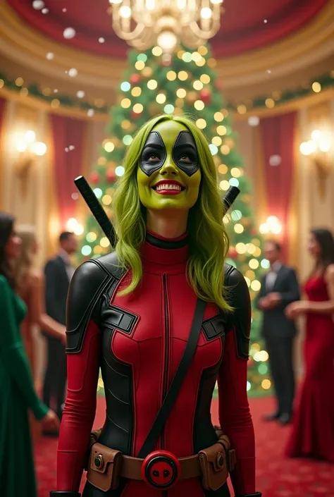  Grinch girl in the Deadpool Christmas costume, Christmas ball ,  Christmas tree , happy, smiling,  Christmas spirit 