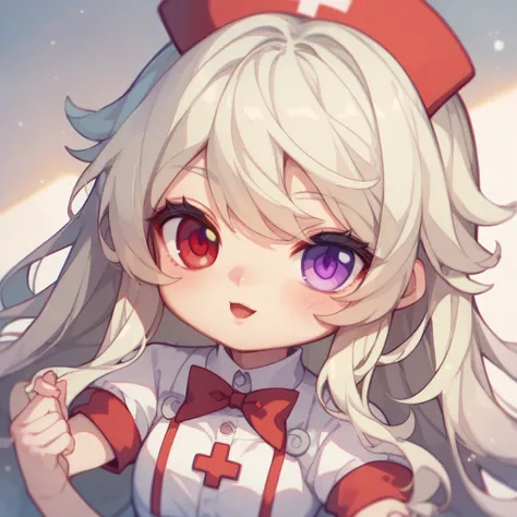 Chibi、Chibiアニメ、whole body、solo、 cute girl、 platinum blonde hair、 long hair on background、Nurse costume   、 odd-eye、 heterochromia、Purple Eyes、Red Eye