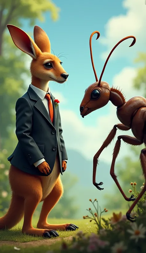 A kangaroo in a suit staring at a big, beautiful ant