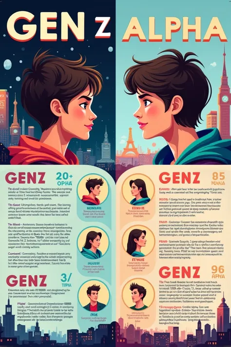 A poster about English of Generations Z and Alpha with descriptions, comparings and good images