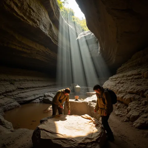 Explorers in a hidden cave, examining an ancient map while a glowing urn rests in the background. The cave walls are adorned with carvings, and small waterfalls trickle over rocks. Captured with a Sony Alpha 7R IV and an ultra-wide-angle lens, illuminated ...