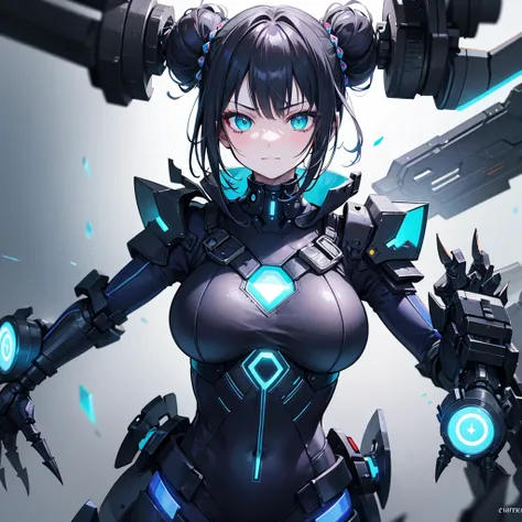 (masterpiece), best quality, expressive eyes, perfect face, 1 girl, solo, young woman, 90s action anime style, cybernetic torso, black shiny hair, black hair, bun updo, side bangs, turquoise eyes, blue leds on armour, cyber claw arm, full body portrait, cy...