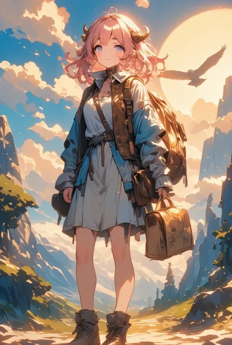 As you gaze upon the captivating image, you see an ultra-cute sheep girl with fluffy pink hair and adorable sheep ears and tail, embodying the perfect blend of magical fantasy and adventurous wanderlust. Her attire is that of a seasoned traveler, combining...