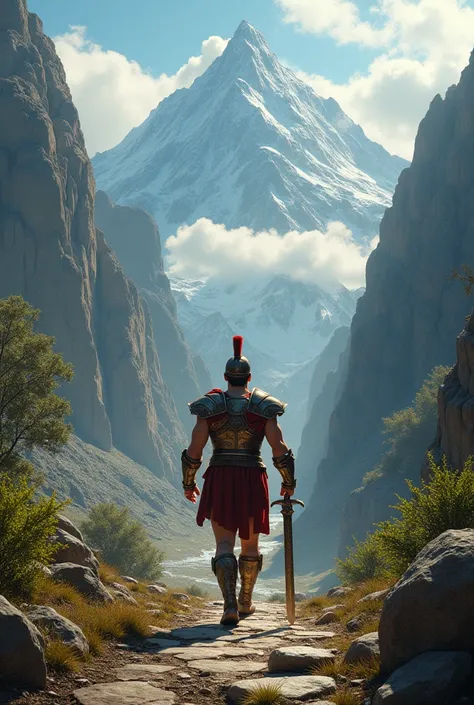 un gladiateur en bas au centre de l’image, qui a devant lui un long chemin qui mène au mont olympe qui se trouve en haut dune montagne