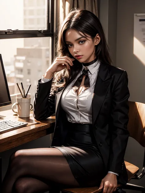 A super realistic photo of one slender business lady, model-like appearance with long hair. She is dressed in a long and black business pencil skirt made from cotton fabric, black  business jacket made from cotton and wool fabric. black business vest, whit...