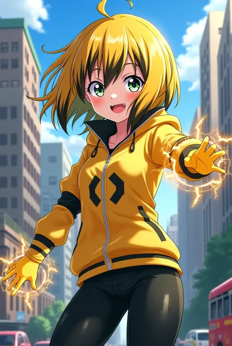 Daughter of Denki Kaminari and Kyoka Jirou from the anime bnha, with yellow hair with black locks