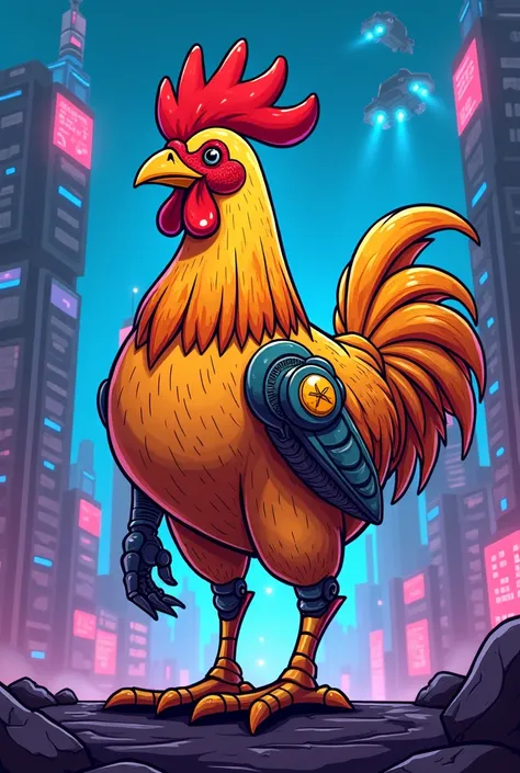 cartoon drawing of a grilled chicken cyberpunk 