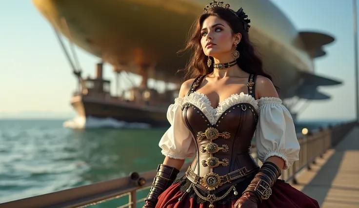 (((half-body))) "A stunningly beautiful woman with huge, round breasts and a plunging neckline, wearing an (((elegant and intricate steampunk outfit, consisting of a dark brown leather corset with brass details and metal rivets, highlighted by decorative b...