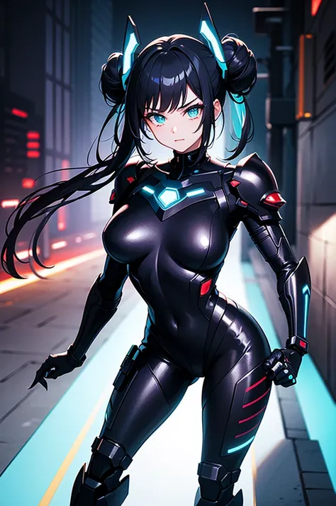 (masterpiece), best quality, expressive eyes, perfect face, 1 girl, solo, young woman, 90s action anime style, cybernetic torso, black shiny hair, black hair, bun updo, side bangs, turquoise eyes, blue leds on armour, cyber claw arm, full body portrait, cy...