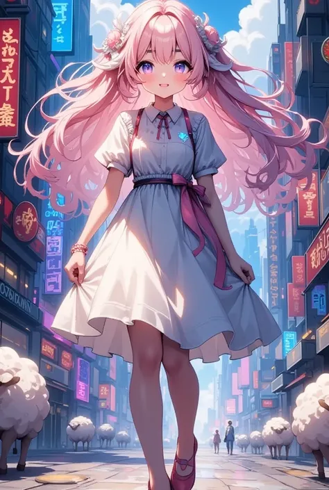 (Envision a futuristic digital art piece featuring a super cute sheep girl, who navigates a vibrant, neon-infused cyberpunk metropolis. This sheep girl has striking pink hair with intricate detailing, blending seamlessly with her anatomically correct human...