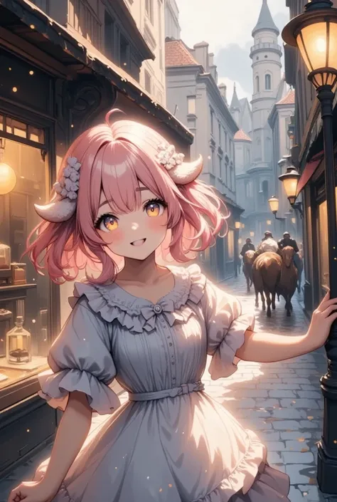 (Visualize a charming digital illustration of a super cute sheep girl wandering through a historical Victorian-era street. The sheep girl features luminescent pink hair and anatomically correct proportions interspersed with charming sheep-like traits such ...