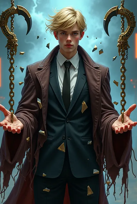  Create an illustration A 20-year-old blond boy ,  brown eyes and pretty features wearing a dark suit , a torn robe and neon lights ,  with chains coming out of his hands and his body fragmenting into shards .

 Two of the chains must have a death sickle t...