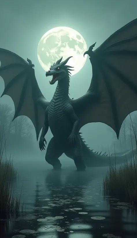 "In a misty swamp under the glow of a full moon, a massive dragon with scales and massive wings stands in a shallow bay. Its body is a perfect blend of reptilian dragon and crocodile features, with a powerful snout, jagged teeth, and gleaming scales that s...