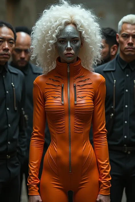 A character from Feer Fire wearing a light-skinned orange shutter outfit with curly hair
Its a white hair mask close to men in a penis 4k men



