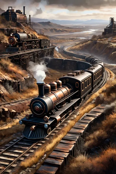 A steam train decorated with copper and black paint runs through a winding railway, surrounded by a desolate industrial landscape and abandoned mines. The painting style is rough, with black and bronze as the main colors, showcasing travel and exploration ...