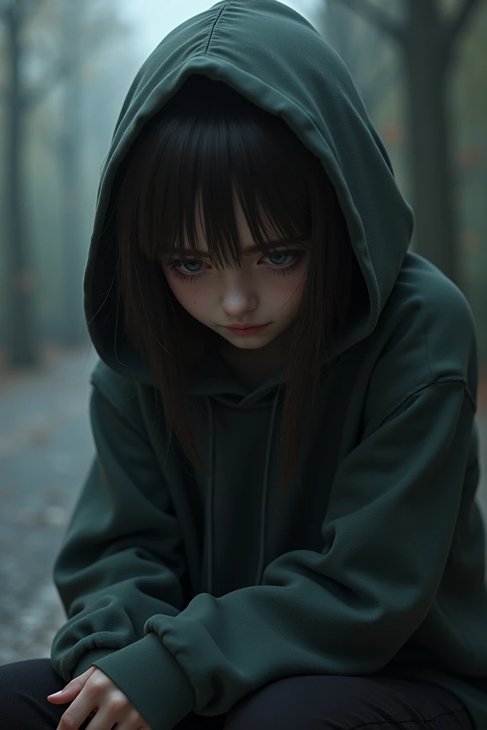 A depressed girl in a hoodie brunette