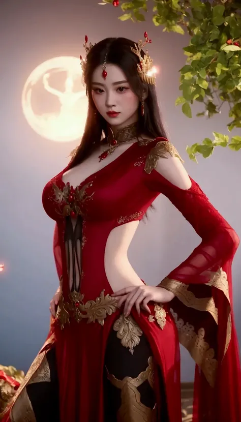 a woman in a red dress, a beautiful empress, a beautiful sorceress, 