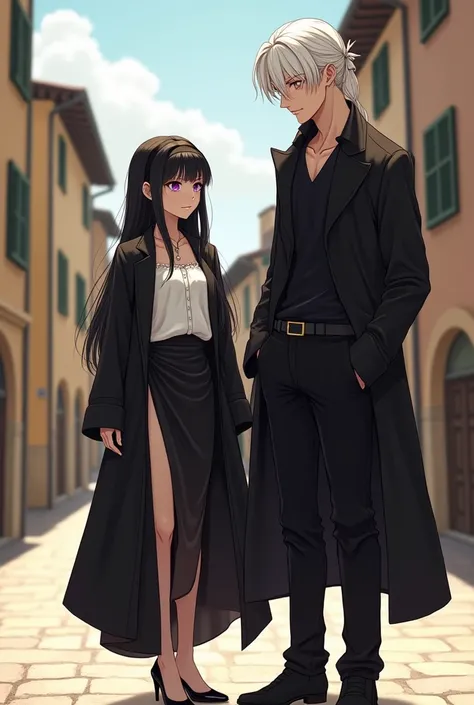  Creates an image of two people , A young girl of small stature , attractive creamy white complexion ,  purple eyes like amethyst ,  long black hair with bangs adorned with a black headband, dressed in a white silk shirt,  long tube skirt with a slit in he...