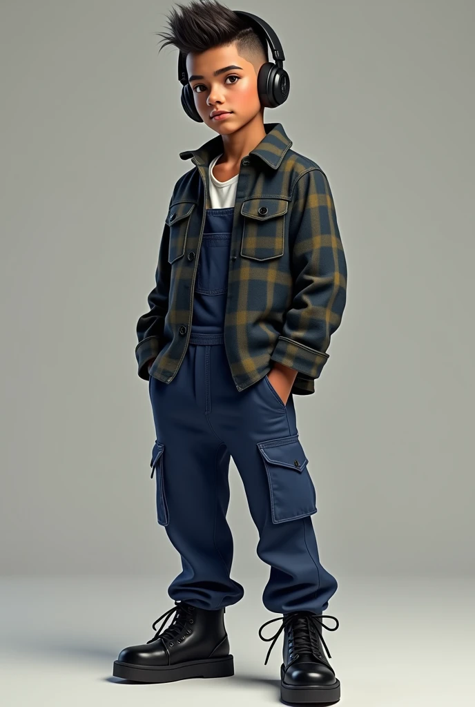 Generate a 15-year-old teenager with a military cut, black headphones with a slim build with a navy blue flannel, a blue jumpsuit and a pair of black cholas ahá compa that is Latino.