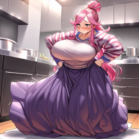 Anime, high detailed, 1 woman, Mature woman, big round breasts, chubby beauty, miss Pus-sized, Wearing a sweater, striped sweater, long skirt, enormous long hair, pink hair, Top ponytail (( tied on top, like a topknot)), exasperation expression, in a kitch...