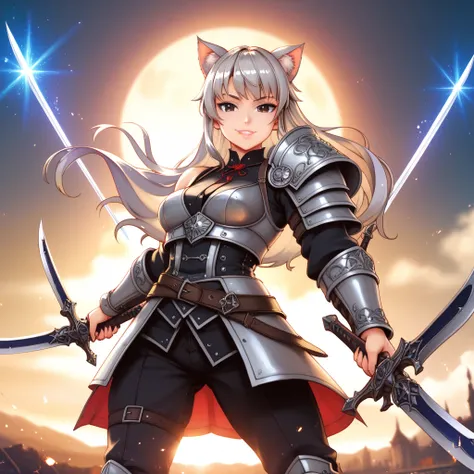 1 girl, feral cat girl, 170cm tall, 19 years old, gray long wild hair, black eyes, warrior, dual-wielding swords, one in right hand, one in left hand, leather armor, bold exposed skin, fantasy world, anime style, game CG, vivid RPG portrait, pixiv contest ...