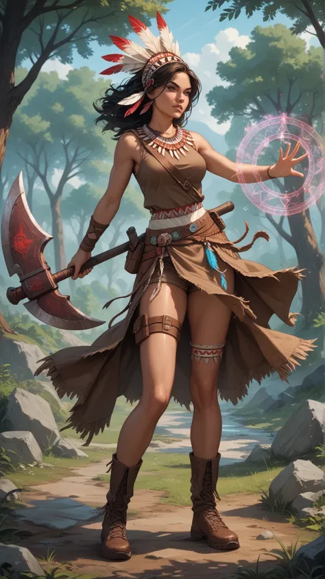 Native american girl, long messy black hair, feather headdress, light brown eyes, medium breasts, brown pants, thigh belt, sleeveless brown shirt, magic spell, stone axe, combat stance, brown moccasins, facing the viewer, full body shot, obsidian valley, t...