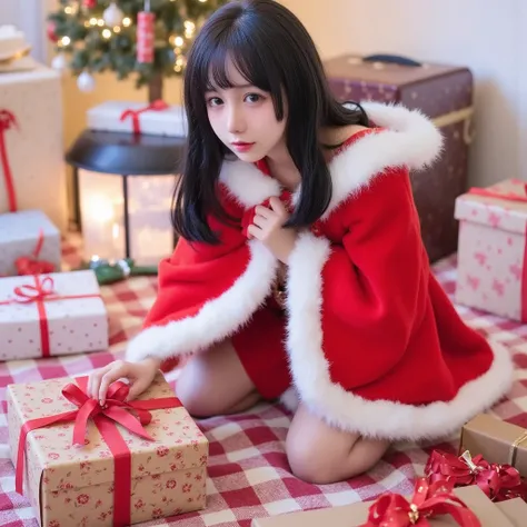 Crouching on a checkered blanket spread out on the floor, an Asian girl with sparkling eyes and shoulder-length black hair peeks over a stack of wrapped gifts, her fur-trimmed red cape draping dramatically over the presents. She wears a Santa dress that en...