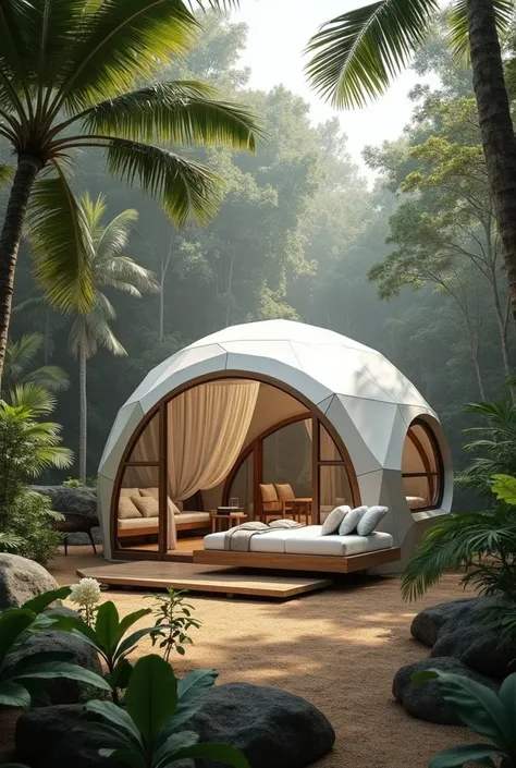  Generate images of geodesic domes in a tropical forest environment , with modern and cozy interiors .  The domes are made of translucent or white materials ,  with large circular windows that allow natural light to enter .  They include minimalist decorat...