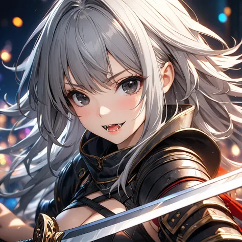 1 girl, cute anime girl, long gray hair, wild messy hair, black eyes, fangs, warrior, dual wielding swords, right hand sword, left hand sword, leather armor, bold revealing outfit, fantasy world, anime style, game CG, vivid RPG portrait, pixiv contest winn...