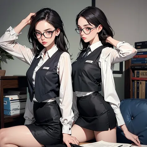  A pretty woman in secretarial clothes, wearing tactical vest , armada,  conceptual art, whole body,  herself wearing glasses, skirt, jump 