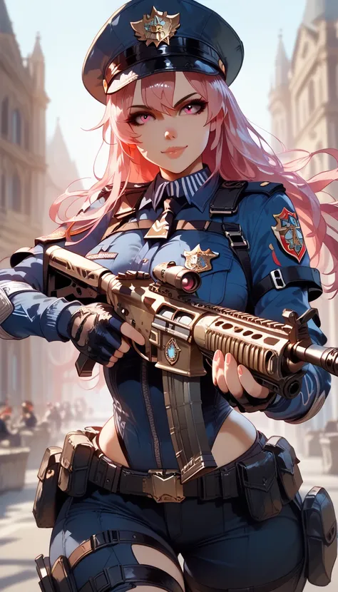 ultra-detailed, 1girl, solo, ((masterpiece)), (best quality), (highres), 16K, pink eyes, pink hair, long hair, peaked cap, wearing police uniform, fingerless gloves, tactical belt, knee pads, black thong, boots, busty body, large breasts and a beautiful as...