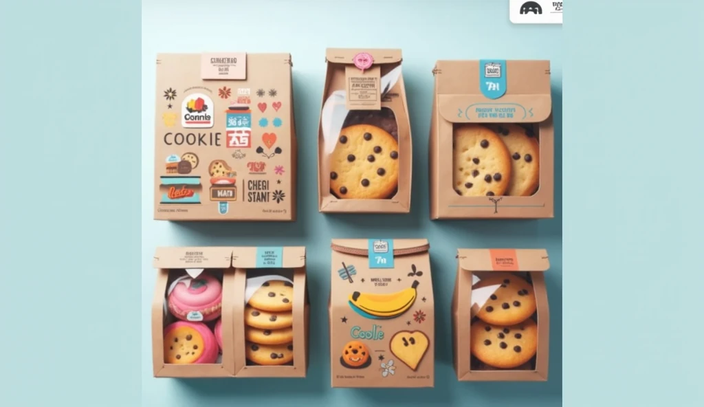 A colorful arrangement of four playful snack packages labeled oval shape reads "Cookie Corner" displayed against a transparent background. The three boxes labeled Cook with illustrations of cookies, a larger box showing a single cookie, and Cookie with mul...