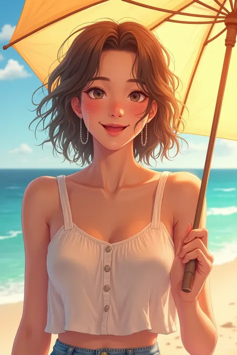  Appearance She has a cheerful, playful demeanor, with a light-hearted expression and a hint of amusement.
Her face has sweat drops on her forehead, adding to the summery, warm vibe of the scene.
She holds a pastel-colored umbrella, providing a sense of li...