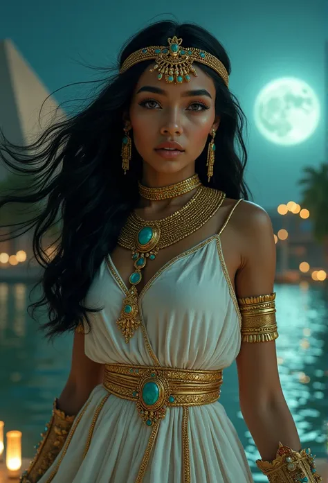 masterpiece, ultra-detailed, photorealistic, 8k resolution, (realistic and cinematic lighting:1.2), (divine beauty:1.5), youthful, Egyptian royalty, emerald green eyes, intense gaze, flowing black hair like onyx, intricate gold and turquoise jewelry, weari...