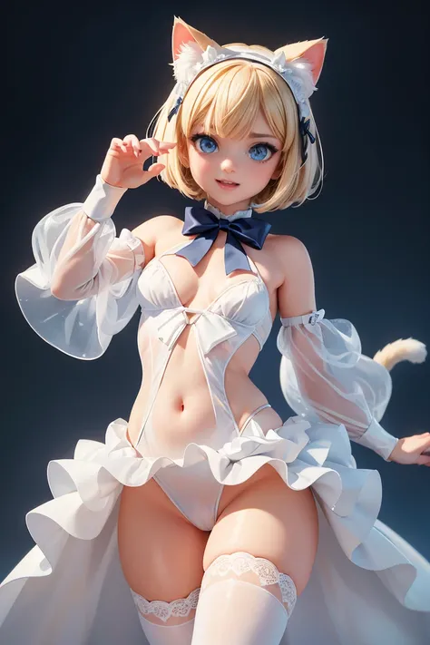   White Gradient Background  ((whole body)) (   dark blue eyes)   detailed face  ,   Detailed Filtering  ,,   A girl with small breasts  ，   anatomically correct ，  Cat Shaped Headdress  ，   short hair，Blonde Bob Hair ,  Laughter，  White Cat Costume  ， (se...