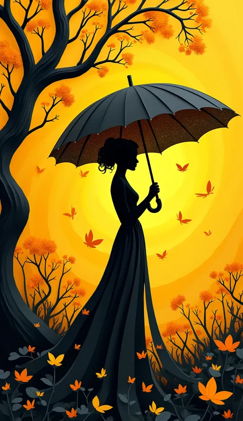 A one-of-a-kind piece of illustration art, featuring jet black, paper cutouts, and countless falling canary yellow petals, umbrella, whirlwind effects, masterpiece, best quality, very aesthetic, absurdres, very aesthetic