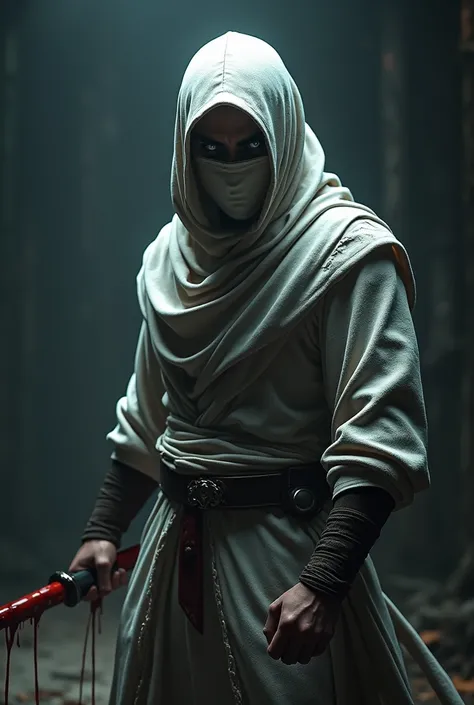 Create a ninja in a white turban, holding a blood-stained sword. 4K resolution