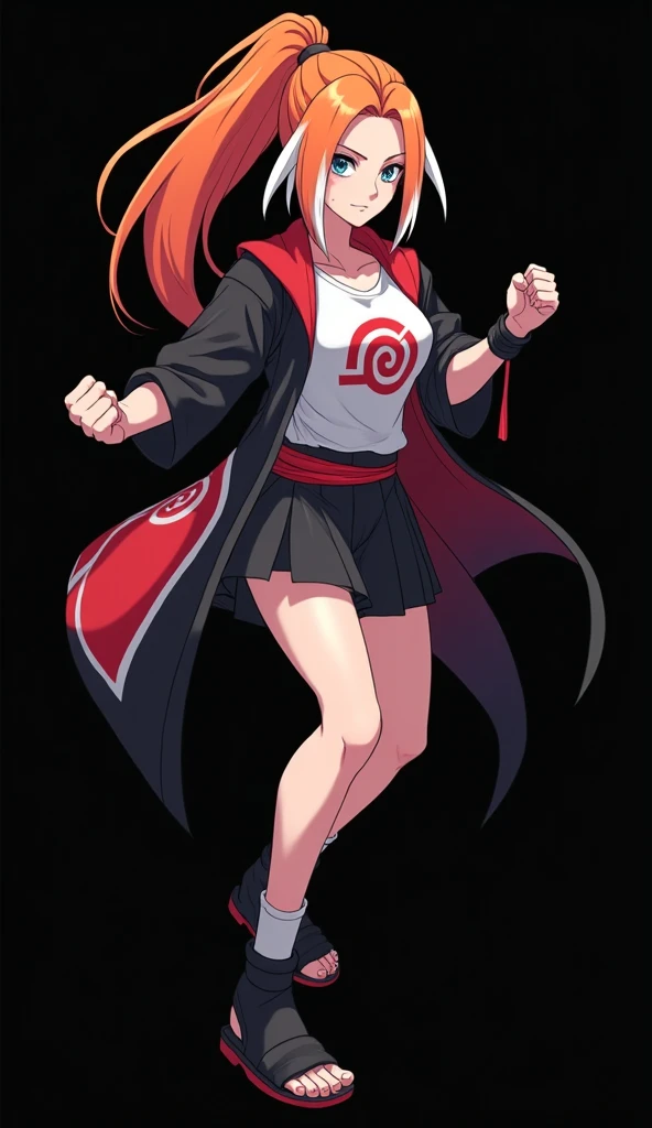 Character created by Mikio Ikemoto (8K): girl with a slender and beautiful appearance, fair skin, full body, fire-colored orange hair and very smooth with two white locks highlighted on the front, similar to those of Rogue from the X-Men, hair tied in a po...