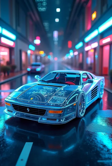 image of a white 1984 ferrari testossa completely transparent translucent, You can see the engine through its transparent skin, She is on a futuristic cyber street lit up with blue and pink neon.