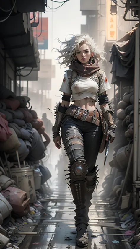  general plan,  full body, clarity,(( best quality )), (( Masterpiece)), ( hyper detailed :1.3),8K, 3D,HD,  beautiful (cyberpunk:1.3)  Woman with wavy and voluminous hair in modern style.,((with weapons in hand)), (( (futuristic mad max movie style backdro...